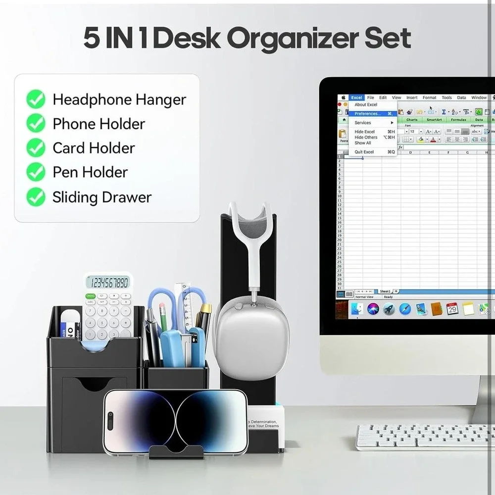 KDD 5-in-1 Desktop Organizer Set Headphone Phone Card Pen Holder Black Plastic